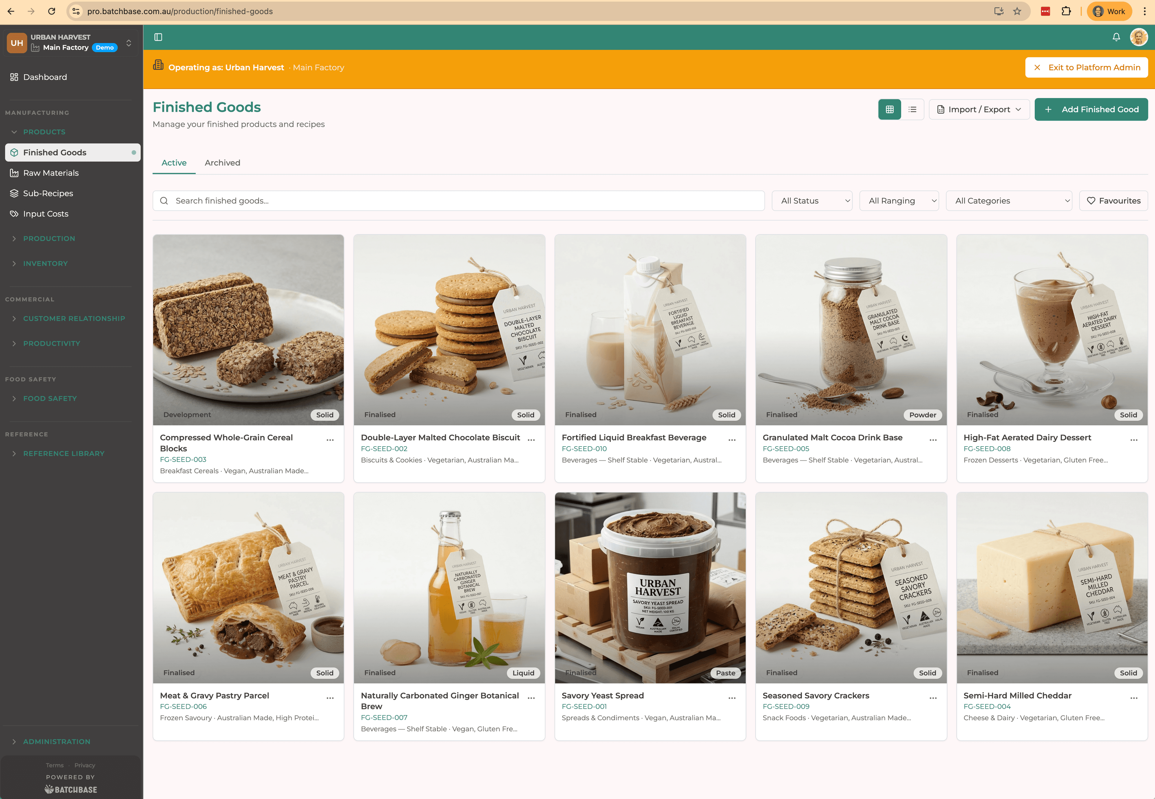 Batchbase finished goods product hub showing food product cards with photos and details